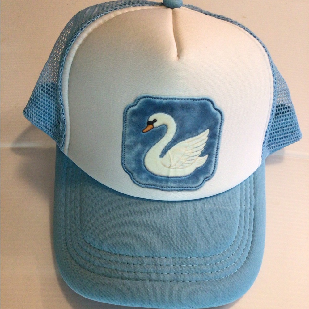 NEW! Upcycled Light Blue & White Swan Trucker Hat